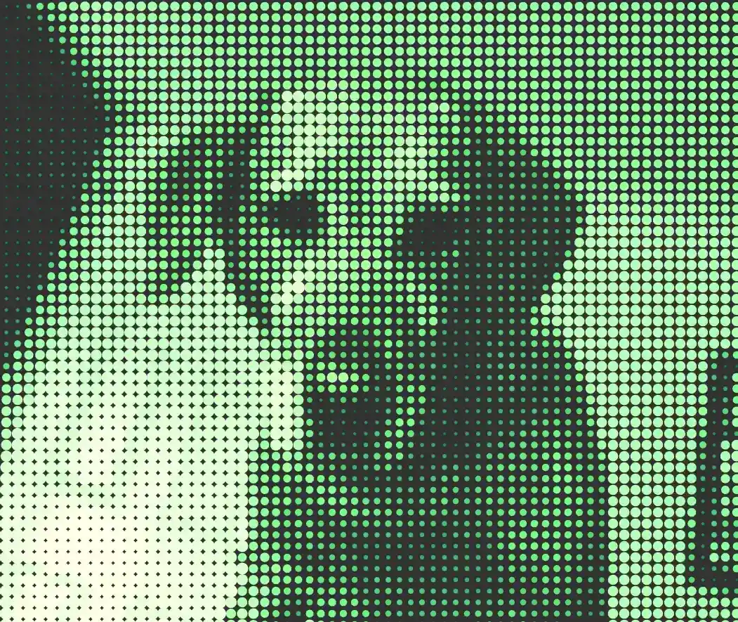 A photo of a dog looking into the camera made out of green dots